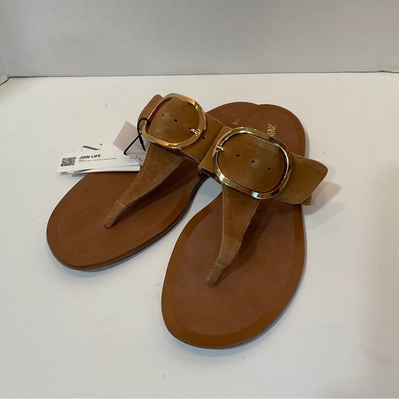 ZARA NEW WOMAN BUCKLED LEATHER FLAT THONG SANDALS EARTH BROWN 10/41 2605/010 - Picture 6 of 10